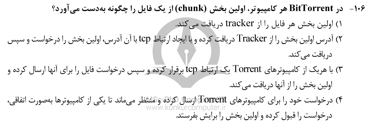 تصویری از تست شماره 106 درس شبکه های کامپیوتری کنکور ارشد کامپیوتر سال ۱۴۰۳ 