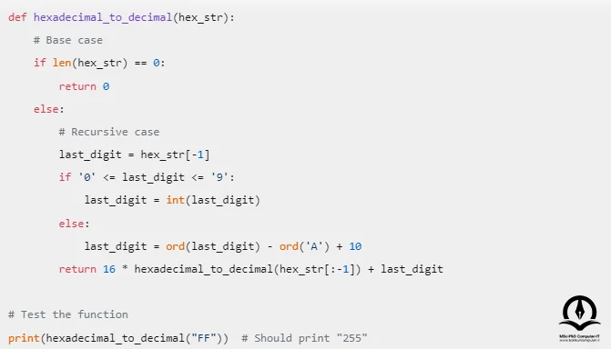 تصویری از ادامه برنامه تبدیل مبنا 16 به 10 به روش بازگشتی با زبان برنامه نویسی پایتون