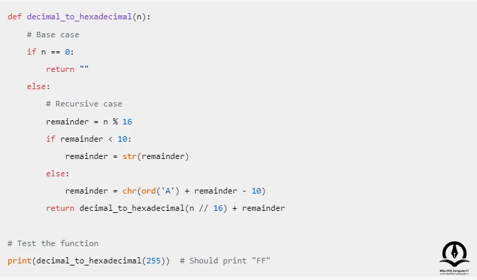 تصویری از برنامه تبدیل مبنا 10 به 16 به روش بازگشتی با زبان برنامه نویسی پایتون