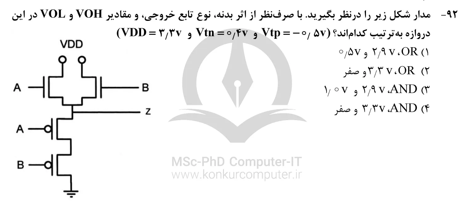 تصویری از تست شماره 92 درس الکترونیک دیجیتال در کنکور ارشد کامپیوتر سال 1403