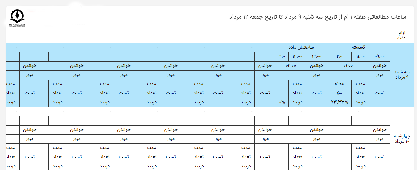 تصویری از جدول ساعات مطالعاتی هفته