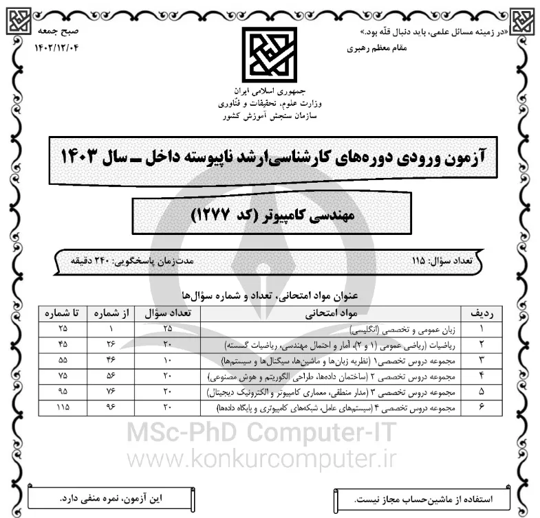 تصویری از صفحه اول دفترچه کنکور کامپیوتر سال ۱۴۰۳